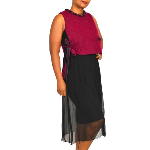 Midi Dress Red Two Tone Overlay Vest Black Mixed Texture Sheer Colorblock Small - Picture 2 of 15